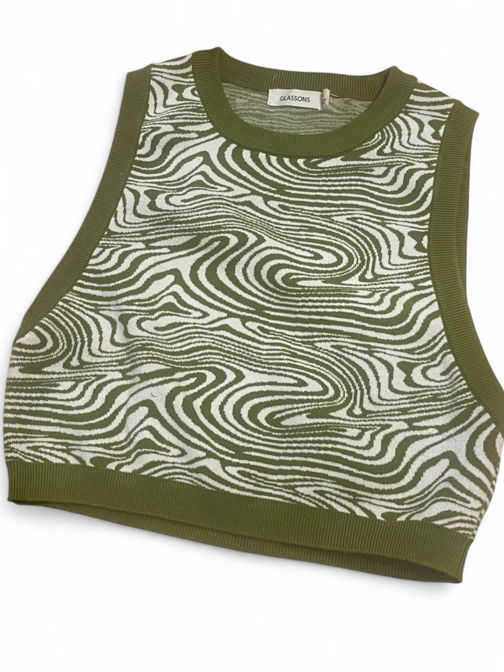 GLASSONS Retro Abstract Olive Knit Sweater Racerback Vest Green White - MEDIUM